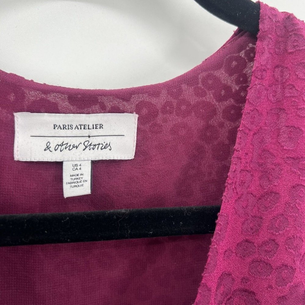 & Other Stories Gathered Waist Leopard Jacquard Mini Dress Vneck Burgundy 4 - Picture 5 of 7